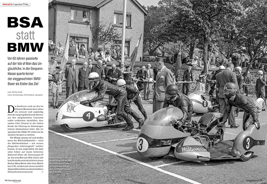 Die Gespannfahrer Vincent und Bliss auf BSA schnappten den etablierten BMW-Piloten 1962 den TT-Sieg weg